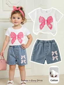 Cozy Pixies Baby Mädchen Weiß Schmetterling Muster T-Shirt mit 3D Schleife Deko und Jeans Shorts Set, Baby Mädchen Sommer Shirts und Shorts, Baby Mädchen Kurzarm Sets, Baby Mädchen Sets Sommer, Baby Mädchen Kleidung Jeans mit Schleifen, Schleife Outfits für Mädchen - Verschiedenfarbig - Übersicht 1
