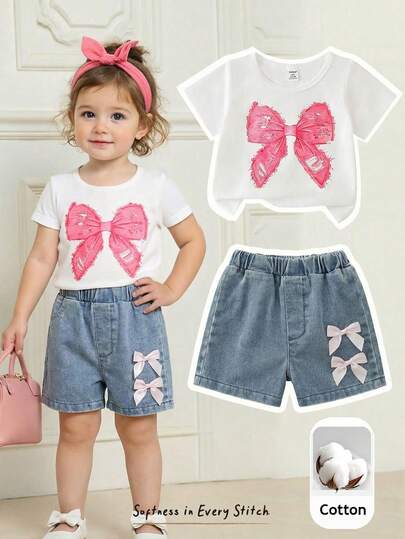Cozy Pixies Baby Girls' White Butterfly Print T-Shirt With 3D Bow Decor And Denim Shorts Set