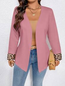 EMERY ROSE Plus Size Women Casual Long Sleeve Blazer Jacket With Leopard Print Patchwork - Pink - View 4