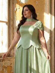 Aureia 大码优雅奢华绿色方领垂袖弹力针织缎面褶皱吊带长裙，适合婚礼、活动、单身派对、度假、舞会、伴娘等场合（精致设计） - 綠色 - 查看 3