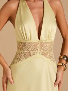 SHEIN BAE Spring & Summer Wedding Guest Dress, Pure Yellow Satin Deep V-Neck, Waist Lace Semi-Sheer Mermaid Dress, Suitable For Party, Vacation, Banquet, Wedding, Night Out, Romantic Date - Light Yellow - View 5