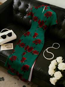 SHEIN LUNE 针织印花圆领短袖女式连衣裙 - 墨綠色 - 查看 2