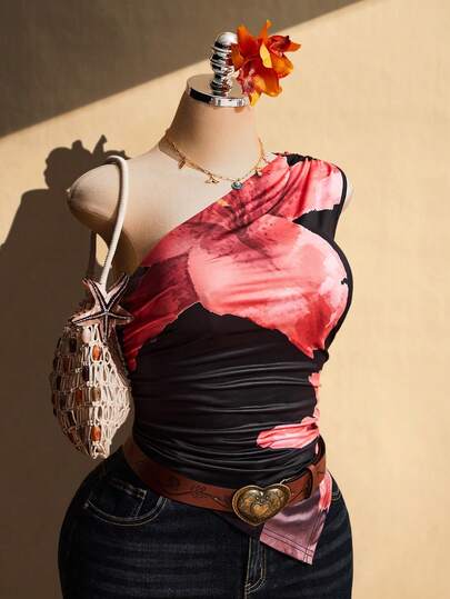 SHEIN ICON Plus Size Asymmetrisk Halsringning Lilja Blommigt Mönster Blus Med Dragsko, Rynkad Asymmetrisk Fåll