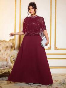 Cravure Bộ 2 món gồm đầm maxi ôm sát cơ thể thanh lịch dành cho nữ cỡ lớn, chất liệu lưới dệt kim, đính ngọc trai và đá quý ngẫu nhiên, kèm khăn choàng. - Màu Đỏ Sâu - Xem 8