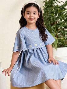 SHEIN Vestido de niña con cintura bordada a rayas azules y blancas - Multicolor - Ver 2