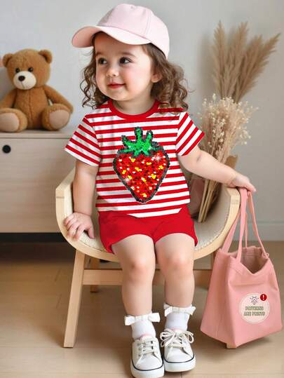 Babygirl Cute Summer Casual Strawberry Print Striped Short Sleeve T-Shirt & Elastic Waist Shorts Set