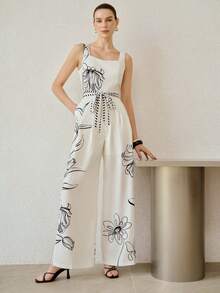 MOTF PREMIUM WOMEN'S EUROPEAN AND AMERICAN STYLE APRICOT PRINTED CAMISOLE WITH TIE WAIST AND LOOSE PRINTED WIDE LEG JUMPSUIT - Apricot - View 6