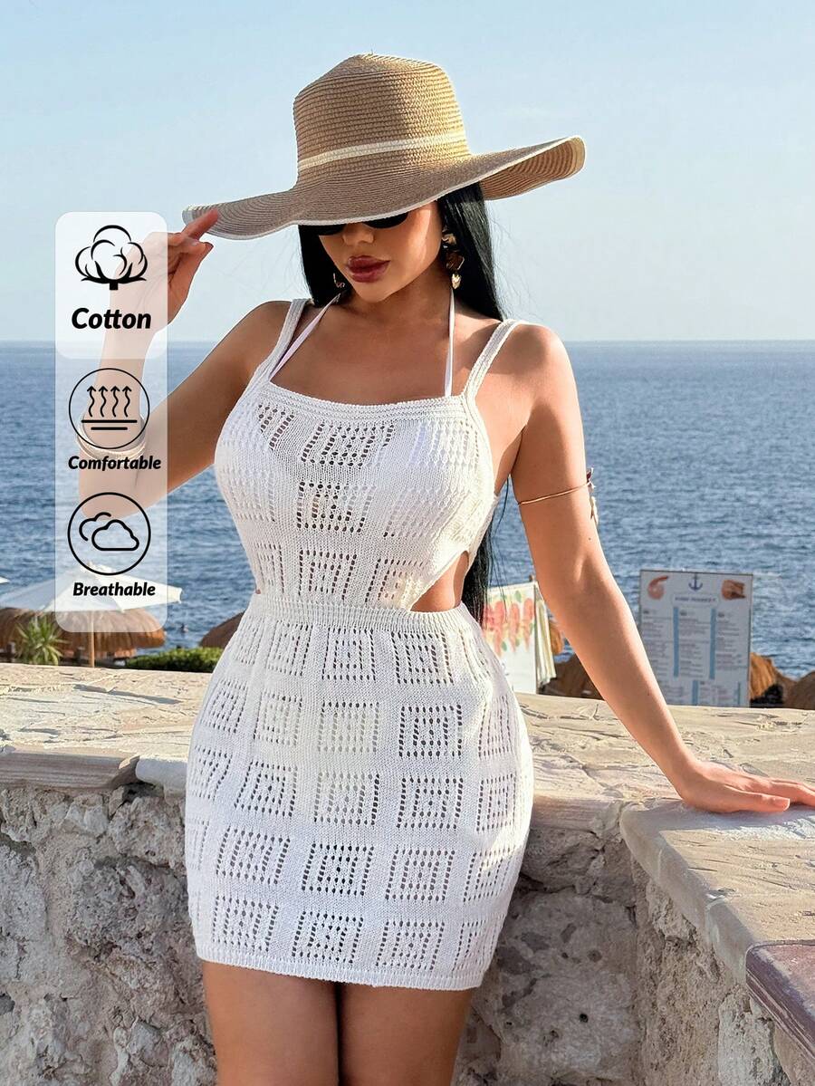 SHEIN Vestido mini de playa con recortes y calados - Albaricoque - Ver 1