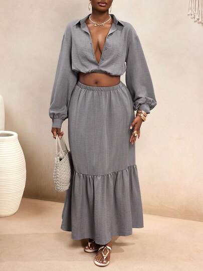 BamGleam 女士新款无领高腰短袖宽裙摆伞裙两件套，面料模仿棉麻质感。