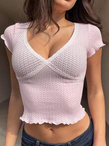 DAZY 女士深V领蕾丝修身休闲日常T恤 - 粉色 - 查看 8
