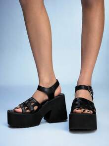 Sugerpunk Giày sandal cao gót đế platform thời trang dành cho nữ, phong cách Gothic Punk, mũi vuông, hở mũi, kiểu dáng khoét rỗng, quai đeo mắt cá chân co giãn, thích hợp cho mùa xuân/hè, đi làm, dự tiệc, nghỉ lễ. - màu đen - Xem 3