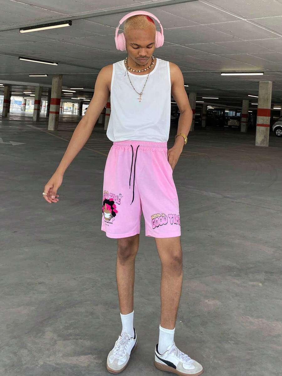 Ngobest Haus Ngobest Haus Men Drawstring Waist Pocket Shorts With Letter And Cartoon Print Summer Baggy Pattern Graffiti Plain Going Out - Pink - View 1