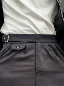 Ngobest Haus Ngobest Haus Men's Solid Color Waist Buckle Design Pocket Flared Leg Pants Japanese Pants Baggy Black Pants Oversized Pants Loose Pants Designer Pants - Black - View 6