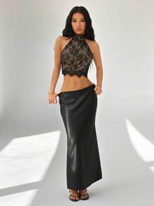 SHEIN PETITE 女士蕾丝吊带露背性感黑色吊带衫 - 黑色 - 查看 1