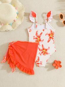 SHEIN 女童碎花荷叶边连体泳衣，带罩衫和裙子 - 珊瑚橙 - 查看 2