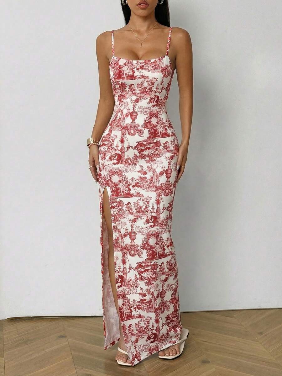 SHEIN EZwear 女士夏季新款高开衩印花连衣裙,适合度假穿着,长款开衩性感连衣裙,夏季长裙,度假正式长裙,长款碎花连衣裙,印花正式礼服,女士夏季连衣裙,女士正装,女士派对礼服,新款连衣裙,惊艳连衣裙 - 鏽棕色 - 查看 1