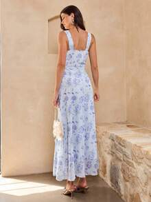 Enchnt Elegant Light Blue Floral Print Ruffle Hem Sleeveless Maxi Dress, Summer - Baby Blue - View 5