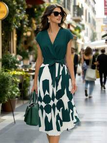 Balvessa Elegant Women's Mid-Length Dress With Geometric Print Patchwork And Pleated Design, In Olive Green - Dark Green - View 1