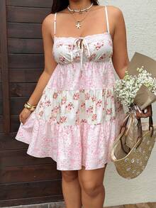 Sunnyshic Plus Size Elegant Floral & Leopard Print Patchwork Spaghetti Strap Vacation Dress, Summer - Multicolor - View 6