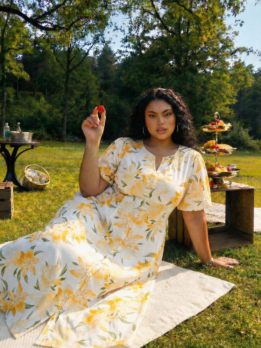 SHEIN CURVE+ Vestido largo de mujer talla grande con estampado floral y mangas abullonadas, patrón floral amarillo, adecuado para la playa, citas, el Día de San Valentín, festivales de música, fiestas, bodas y otras ocasiones, sexy y elegante, para ir al trabajo, volver al colegio, vacaciones, romántico, etc. Vestido de verano para mujer - Amarillo - Ver 1