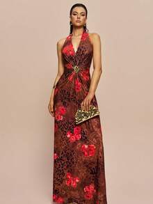 Olia Maree Women's Summer Seductive Dinner Date Brown Checkered Floral Leopard Print Halter Neck Maxi Dress, Deep V-Neck Backless Ruched Formal Wrap Dresses - Multicolor - View 1