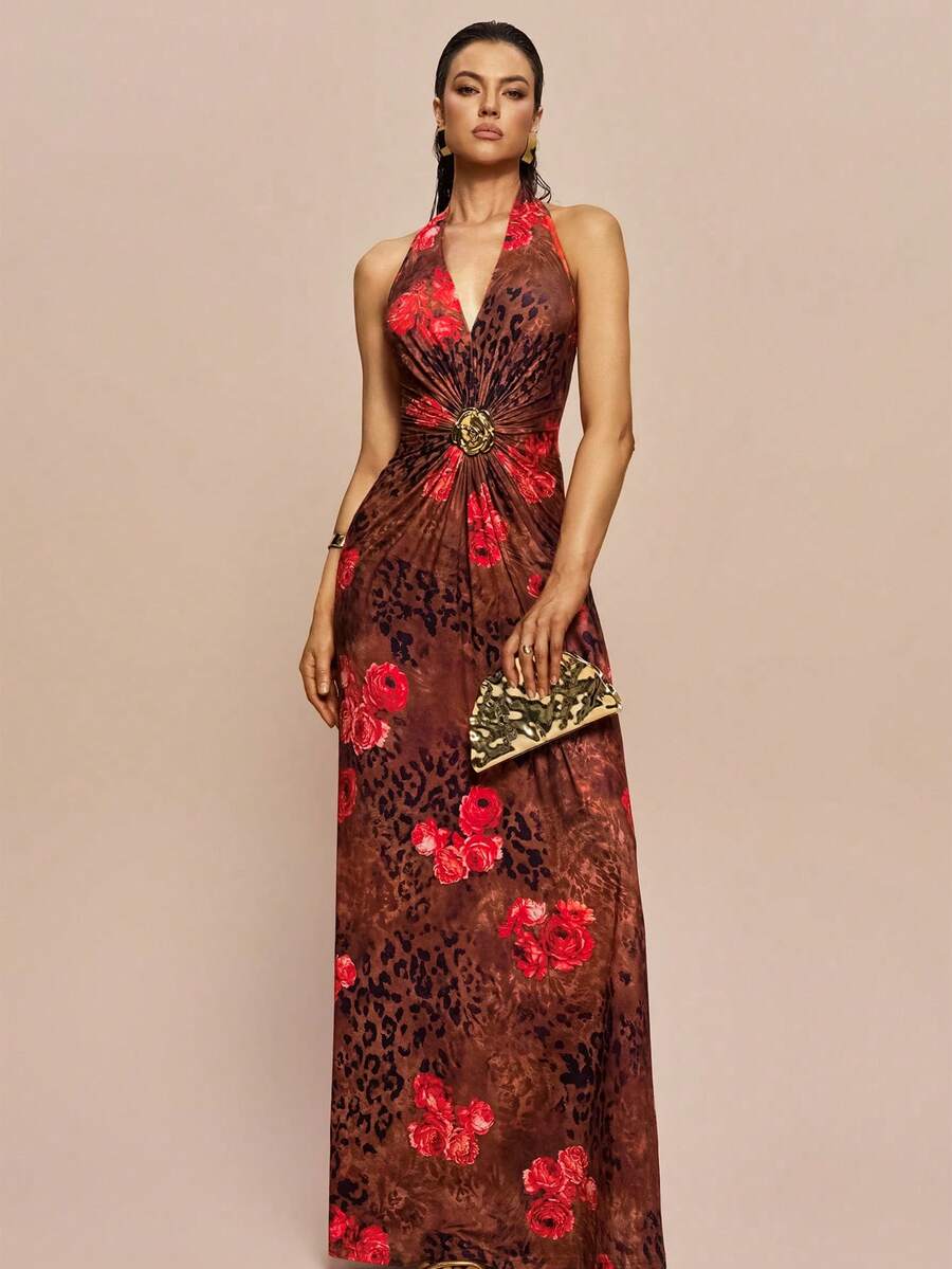 Olia Maree Women's Summer Seductive Dinner Date Brown Checkered Floral Leopard Print Halter Neck Maxi Dress, Deep V-Neck Backless Ruched Formal Wrap Dresses - Multicolor - View 1