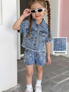 Young Girls Denim Set, New Casual Fashion Simple Versatile Rhinestone Washed Blue Denim Set - Blue - View 3