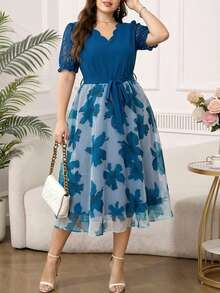 Reflora Plus Size Women Floral Contrast Lace Short Sleeve V-Neck A-Line Midi Dress, Sky Blue Summer Elegant Flower Gown For Wedding Guest Party Prom - Blue - View 2