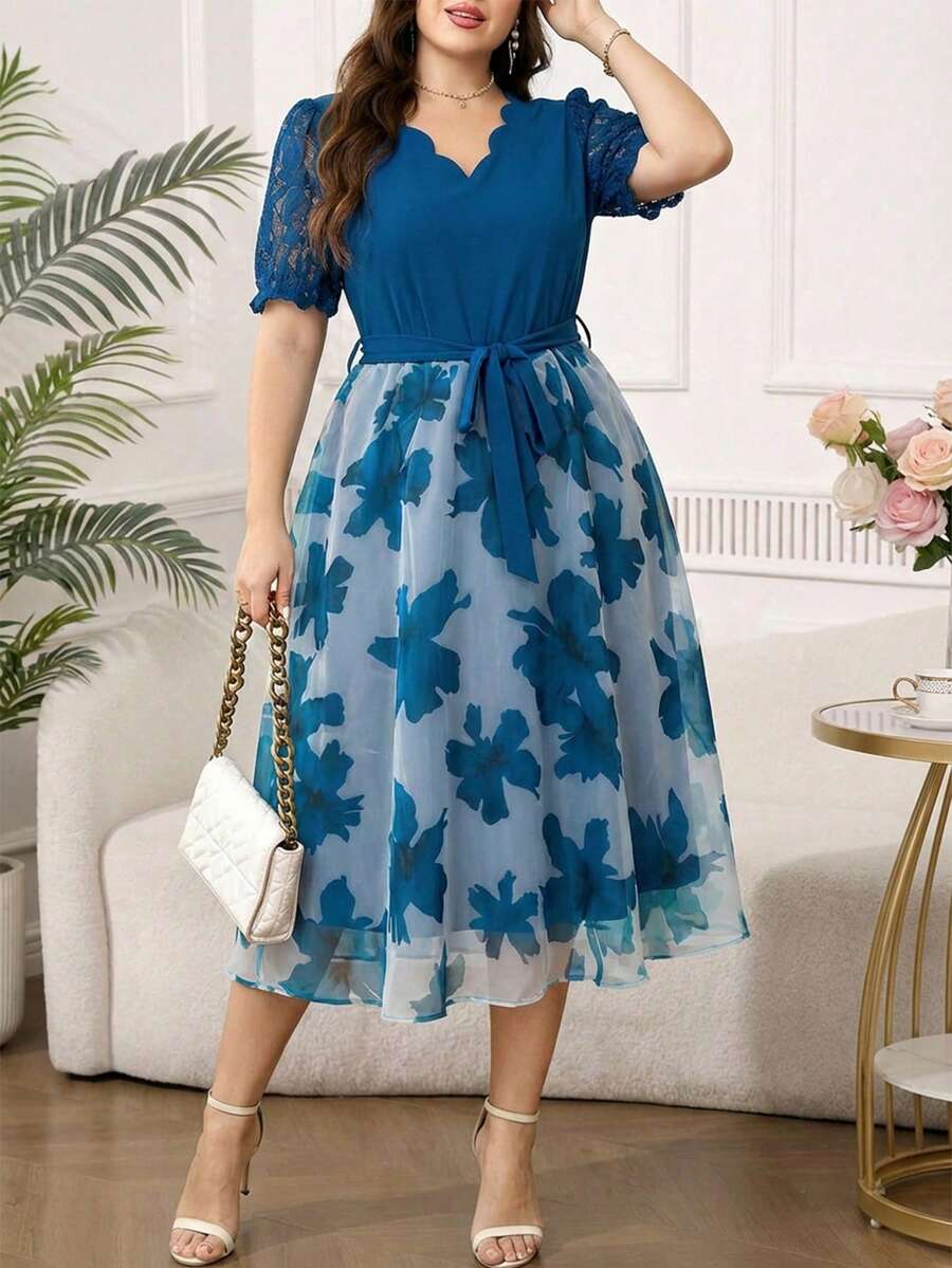 Reflora Plus Size Women Floral Contrast Lace Short Sleeve V-Neck A-Line Midi Dress, Sky Blue Summer Elegant Flower Gown For Wedding Guest Party Prom