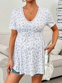 SHEIN 孕妇休闲碎花抽绳腰带T恤，夏季 - 藍白色 - 查看 4