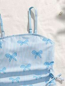 SHEIN Tween Girl 2 Pieces Tankini Set,Blue White Striped Bow Decor Camisole Swimwear,Cute Summer Holiday Beach Bathing Suits For Pool Party,Spring Summer - Baby Blue - View 3