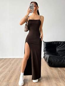 SHEIN EZwear Women's Solid Color High Slit Sleeveless Dress, Coffee Brown, Spring/Summer,Summer Dresses For Women - Coffee Brown - View 3