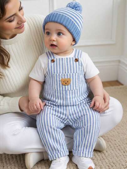 SHEIN Playful Pals 1PC Baby Boys' Blue & White Striped Bear Graphic Jumpsuit, Suitable For Outdoor Play, Comfortable Home Wear, Casual Sports, And Birthday Party Baby Boy Overall Set Blue Stripe Baby Boy Outfit Baby New Born Clothes Baby Unisex Clothes Sets