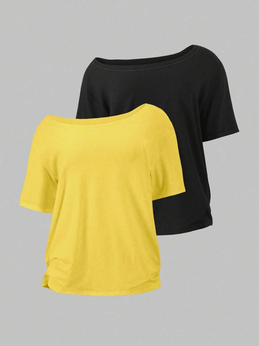 EMERY ROSE Set de 2 camisetas holgadas con hombros asimétricos, camiseta con hombros descubiertos, talla grande para mujer - Multicolor - Ver 1