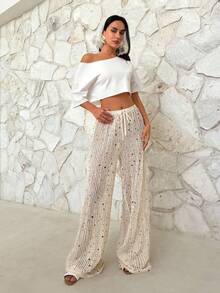 Firerie Women's Elegant Casual Beach Vacation Music Festival Party Low Waist Drawstring Knit Sheer Wide-Leg Pants, Spring/Summer - Beige - View 3