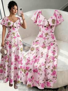 Elenzga Ruffled Waist A-Line Ditsy Floral Elegant French Style Dress - Pink - View 3