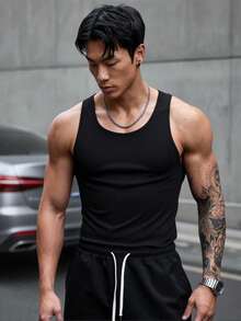 GymBeat Men's Casual Versatile Solid Color Sports Tank Top - Black - View 3