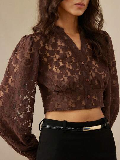 Aveloria Rosie New Arrival Elegant French Style Cropped Long Sleeve Sheer Jacquard Blouse For Women