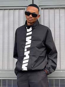 Ngobest Haus Ngobest Haus 男士长袖休闲百搭运动立领夹克，大号印花图案，情侣款，大口袋，秋冬拉链夹克，防风夹克，街头风科技夹克 - 黑色 - 查看 4