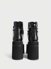 Sugerpunk 女士黑色朋克风圆头粗跟褶皱踝靴 - 黑色 - 查看 3