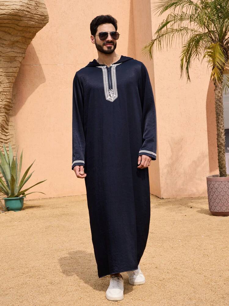 Men's Long Sleeve Maxi Shirt With Middle Eastern Inspired Trim Design, Navy Blue, Spring/Summer