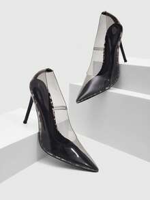 CUCCOO SZL Tacones altos transparentes con punta puntiaguda de moda sexy para mujer, adecuados para fiesta, formal, Día de San Valentín, primavera casual, noche de chica mala, zapatos de primavera, primavera, Pascua, tacones de graduación para Navidad - Gris / negro - Ver 2