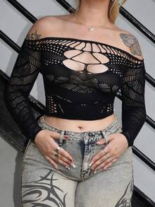Arliah Top transparent à manches longues en maille Y2K sexy - Noir - Voir 5