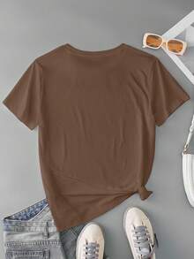 INAWLY Women's Letter Print Casual Round Neck Short Sleeve T-Shirt, Summer - Coffee Brown - View 2