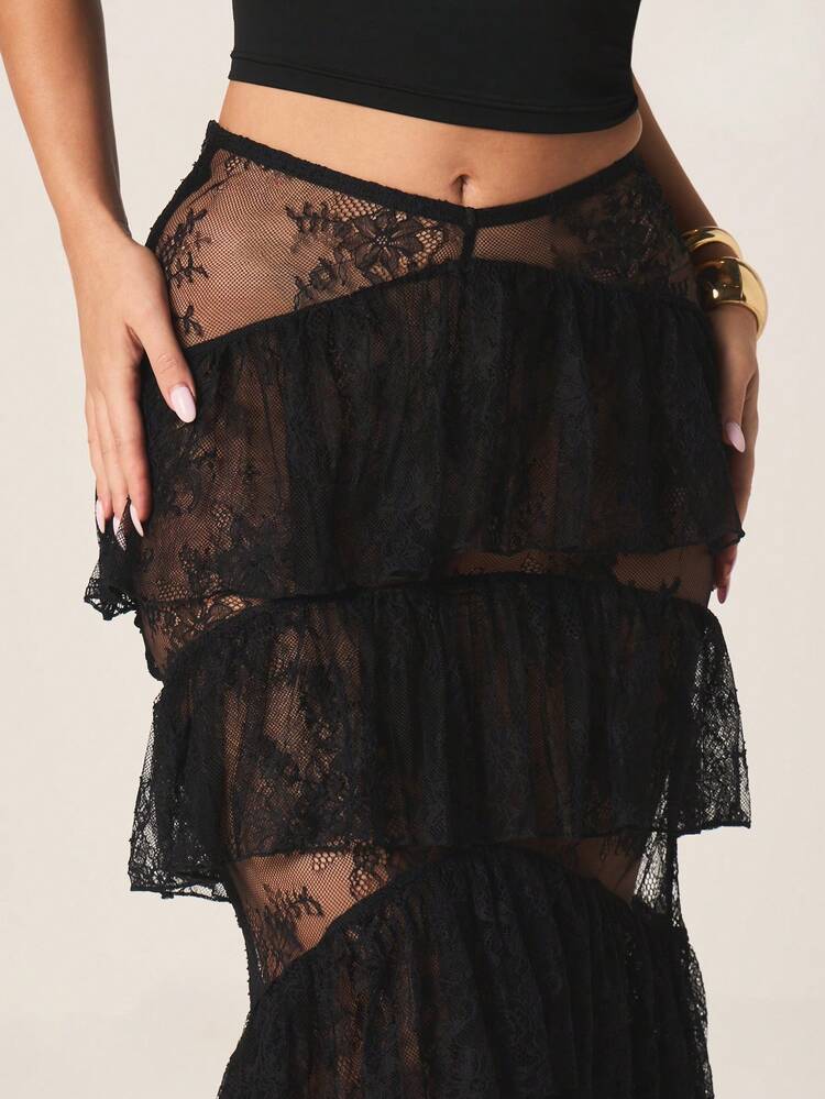 MISSGUIDED Black Lace Tiered Ruffle Maxi Skirt With High Waistband And Sheer Overlay Design For Evening Party Occasions