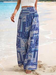 Sylviya 女款圍巾拼接印花寬鬆寬腿長褲，波西米亞風海灘度假夏季假期，秋季鄉村音樂會 - 彩色 - 查看 3