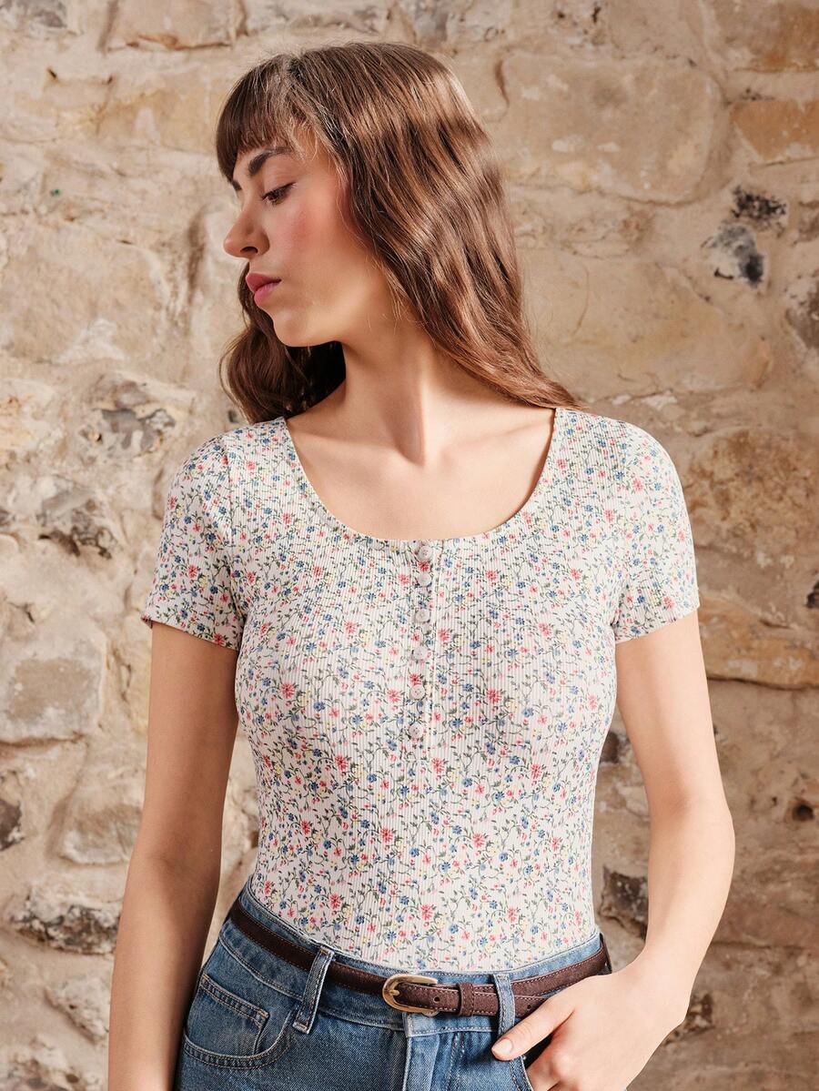 lacRébo Ditsy Floral Print Rib Bodysuit With Button Front Detail Spring Summer Casual Boho French Style Parisian Style - Multicolor - View 1