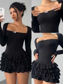 Aloruh Women's Sexy YTK Square Neck  Pink Bow Accent Ruffle Hem Long Sleeve Jumpsuit Long Sleeve Jumpsuit - Black - View 3