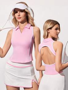 CourtClass Women's Summer Contrast Trim Sleeveless Sports Polo Shirt - Pink - View 1