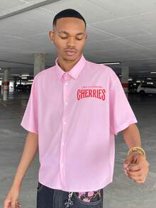Ngobest Haus Ngobest Haus 男士短袖后背樱桃字母图案休闲夏季衬衫男樱桃衬衫 - 粉色 - 查看 6